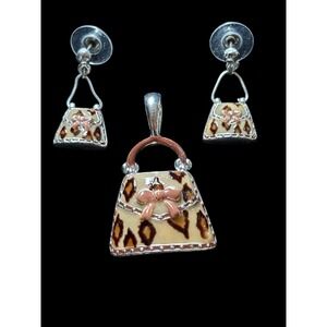 Cute Little Enamel Leopard Print Purses Pendant & Earrings Set